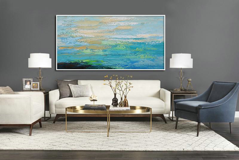 Large Abstract Art Handmade Painting,Horizontal Palette Knife Contemporary Art,Large Wall Art Home Decor,Blue,Yellow,Black,Green.etc